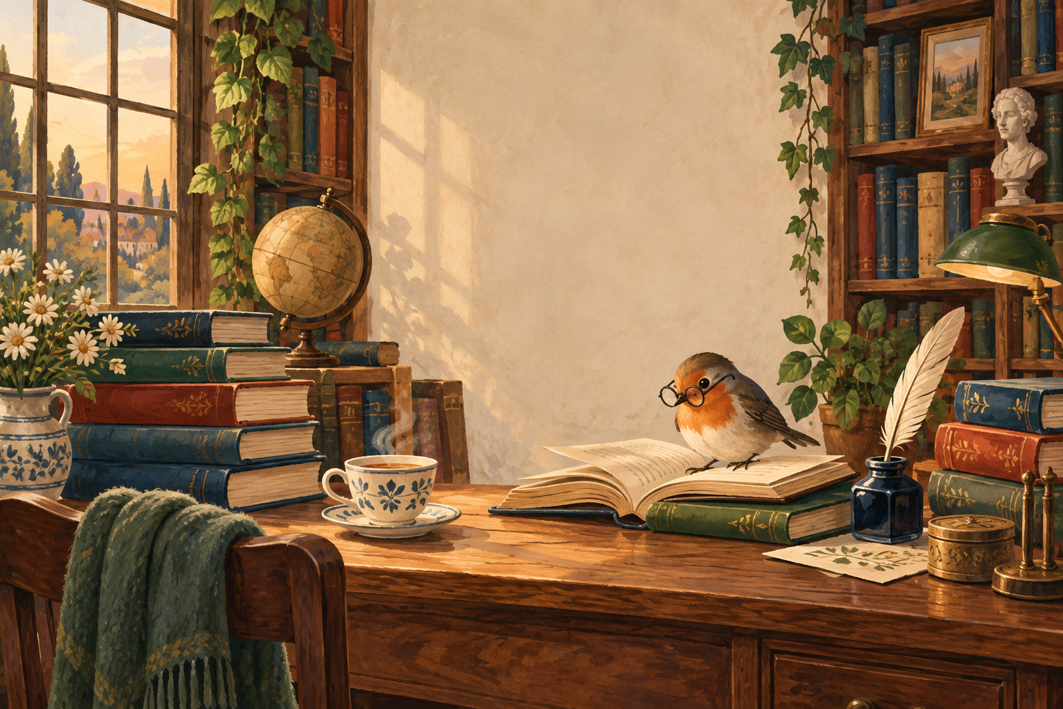 Uma escrivaninha com livros, pena e um pássaro de óculos lendo.